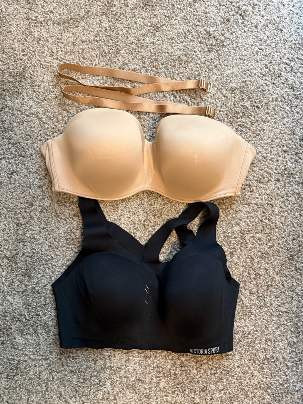 Victoria's Secret Sports bra + Soma Stunning Nude Strapless Bra